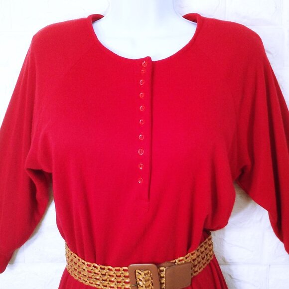 Vintage 80s Walden Classics Knit Shirtwaist Dress (12) Pockets Crew-Buttonup Red - Picture 3 of 11